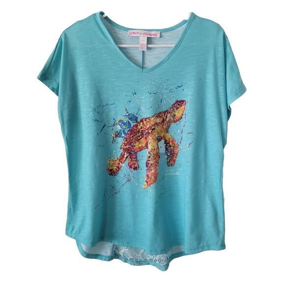 Leoma Lovegrove Tops - Leoma Lovegrove L Top Turtle Underwater Ocean Short Sleeve Lace Back Green Teal